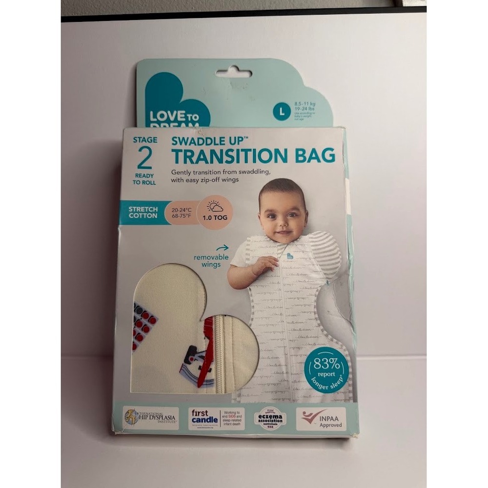 Love To Dream Swaddle Up Transition Bag Stage 2 Large 1.0 TOG White Cars Print